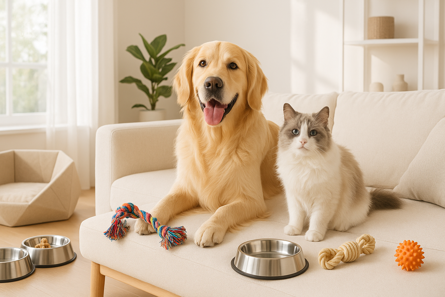 A modern, high-quality banner featuring a happy golden retriever and a fluffy cat sitting together in a cozy living room. Stylish pet accessories like toys, beds, and bowls are placed naturally around them. Bright natural lighting, warm and friendly atmosphere, professional e-commerce style, minimal and premium look. No text, no branding.